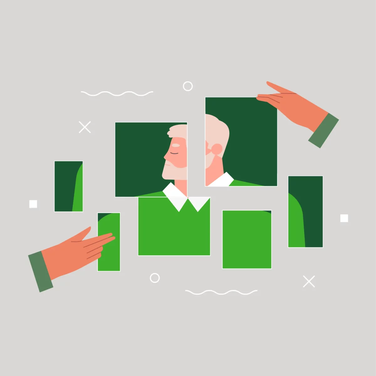 A flat design image of a man getting pieced together like a puzzle.