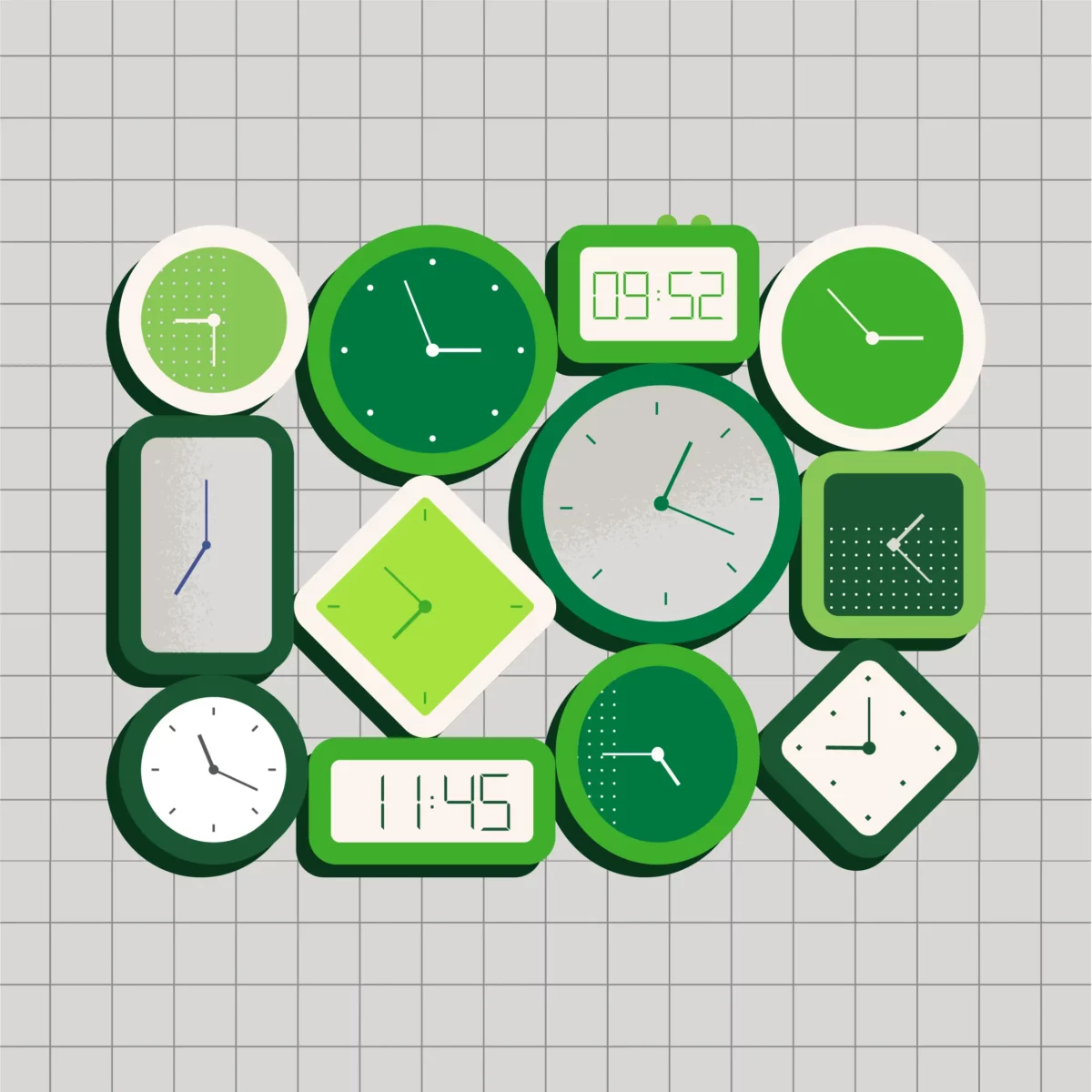 A flat design image of several clocks, signifying that now is the best time to talk about money.