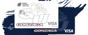 Visual graphic of the Gonzaga Visa Rewards Credit Cards with a navy blue paintbrush swipe in the background