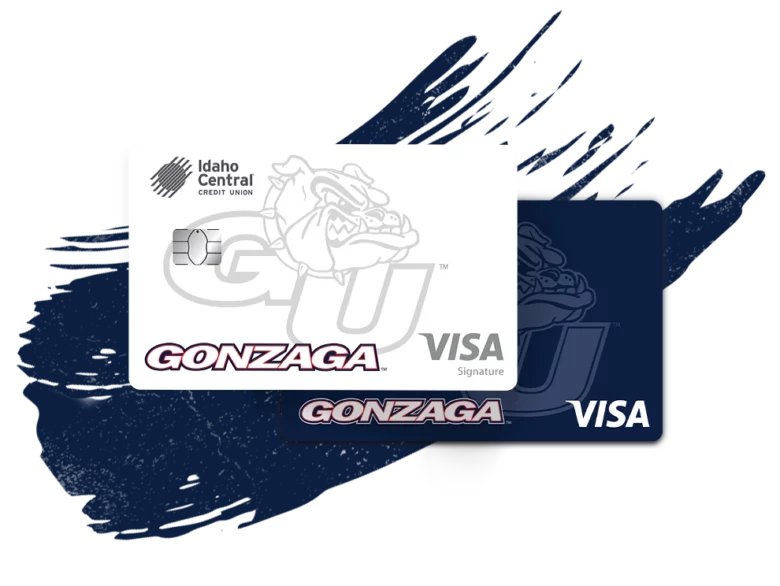 Visual graphic of the Gonzaga Visa Rewards Credit Cards with a navy blue paintbrush swipe in the background