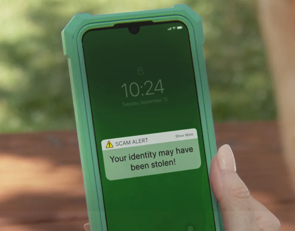 A phone with a notification that says "Your identity may have been stolen!"