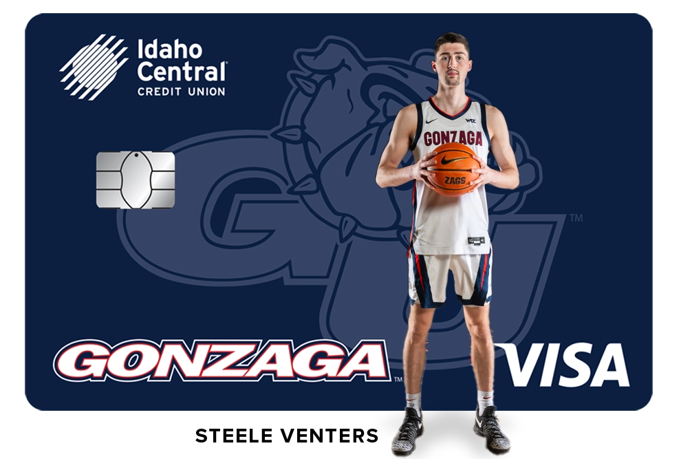 Graphic of a Gonzaga Rewards Visa Credit Card with Gonzaga basketball player, Steele Venters